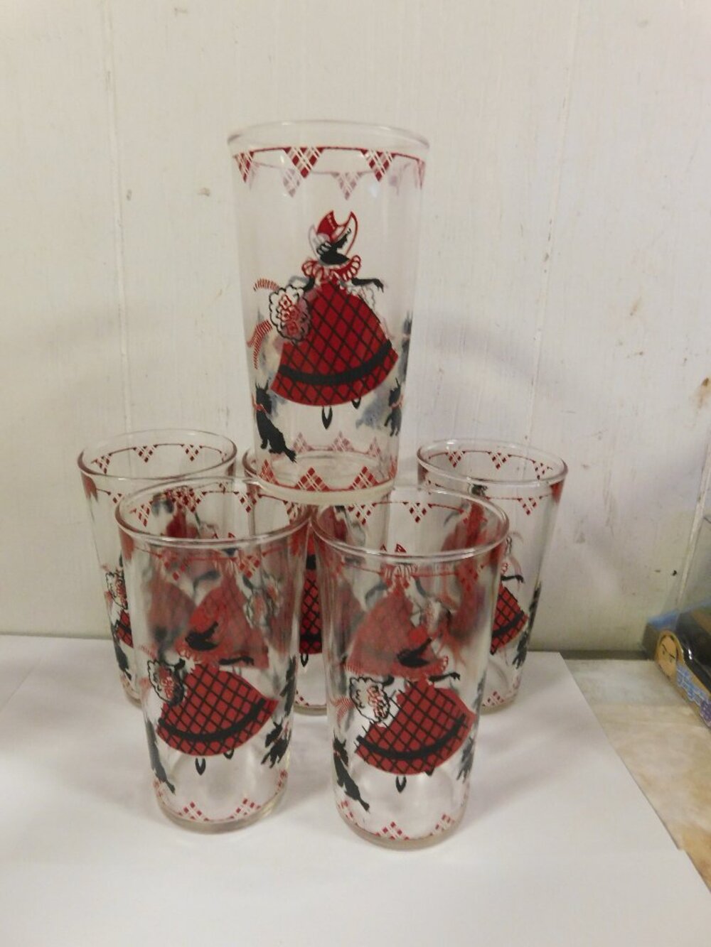 Hazel Atlas Scottie Dog & Girl Tumbler Beverage Glass Set of 6 ****